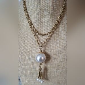 Vintage Goldtone and Faux Pearl Long  Necklace